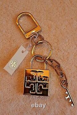 NWT Authentic TORY BURCH Gold Plated Padlock Key Fob Bag Charm with Gift Bag RARE