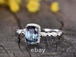 Natural Alexandrite 3CT Cushion Cut Women Halo Ring 14k White Gold Silver Plated