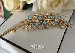 Natural Aquamarine 2Ct Round Leaf Wedding Brooch 14K Yellow Gold Plated Silver