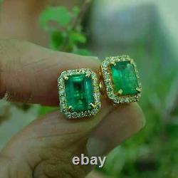 Natural Emerald 4.00Ct Emerald Cut Halo Stud Earrings 14K Yellow Gold Plated