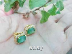 Natural Emerald 4.00Ct Emerald Cut Halo Stud Earrings 14K Yellow Gold Plated