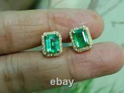 Natural Emerald 4.00Ct Emerald Cut Halo Stud Earrings 14K Yellow Gold Plated