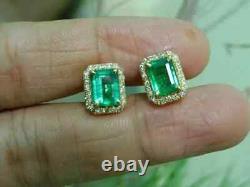 Natural Emerald 4.00Ct Emerald Cut Halo Stud Earrings 14K Yellow Gold Plated