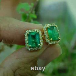 Natural Emerald 4.00Ct Emerald Cut Halo Stud Earrings 14K Yellow Gold Plated