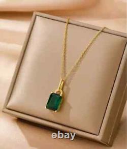 Natural Green Emerald 3Ct Emerald Cut Solitaire Pendant 14K Yellow Gold Plated