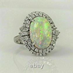 Natural Opal 4CT Oval Cut Large Halo Wedding Ring 14k White Gold Plated Silver