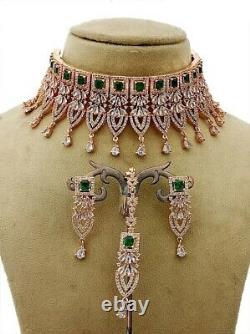 New Rose Gold Plated Indian Bollywood Choker Collar Necklace Earrings Maang tika