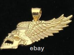 No Stone Skeleton Skull Charm Pendant With Wings 14K Yellow Gold Plated