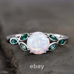 Opal and Emerald Engagement & Wedding Ring 14K White Gold Overlay Free Sizable