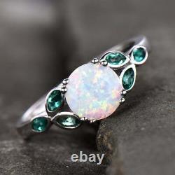 Opal and Emerald Engagement & Wedding Ring 14K White Gold Overlay Free Sizable