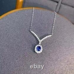 Oval Cut Simulated Blue Sapphire Stunning Pendant Chain In 14k White Gold Plated