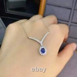 Oval Cut Simulated Blue Sapphire Stunning Pendant Chain In 14k White Gold Plated