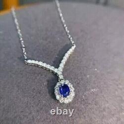 Oval Cut Simulated Blue Sapphire Stunning Pendant Chain In 14k White Gold Plated