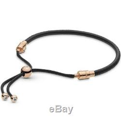 Pandora Rose Black Leather Sliding Gold Plated Charm Bracelet 588059CBK-2, Black