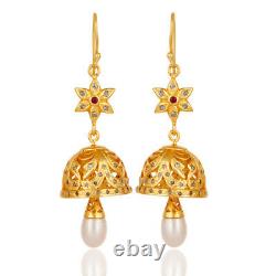 Pave Diamond Pearl 18K Gold Plated 925 Sterling Silver Dangle Earrings Jewelry