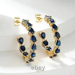 Pear Cut Simulated Blue Sapphire In 14K Yellow Gold Plated Hoop Women's Earring