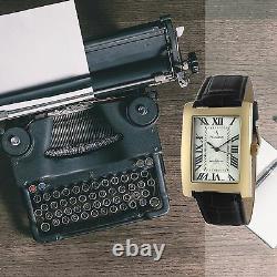 Peugeot 2051GBK Mens Vintage Rectangular 14K Gold Plated Leather Strap Watch
