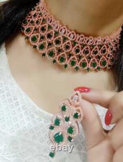 Premium Jewelry Indian AD Stone Green Rose Gold Plated Earrings Necklace Choker