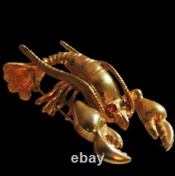 RARE Marcel BOUCHER Lobster Brooch Pin Gold Plated Red Rhinestone Eyes Brooch