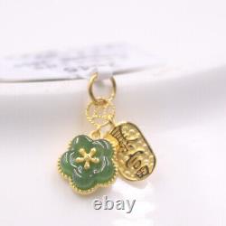 Real 24K Yellow Gold Wealth Plate With Natural Green Jade Flower Pendant