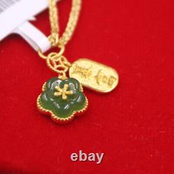 Real 24K Yellow Gold Wealth Plate With Natural Green Jade Flower Pendant