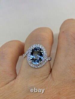 Real Aquamarine 2.10Ct Oval Cut Halo Women Engagement Ring 14K White Gold Plated