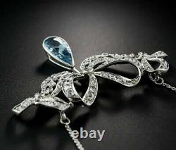 Real Aquamarine 2Ct Emerald Bow Pendant 14K White Gold Plated Silver 18 Chain
