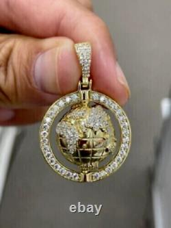 Real Moissanite 1.30Ct Round Cut World Map Circle Pendant 14K Yellow Gold Plated