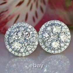 Real Moissanite 1.70Ct Round Cut Cluster Stud Earrings 14K White Gold Plated