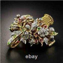 Real Moissanite 2.00Ct Round Cut Flower Basket Brooch Pin 14K Yellow Gold Plated