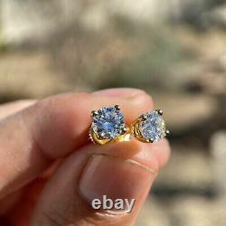 Real Moissanite 2.00Ct Round Cut Solitaire Stud Earrings 14K Yellow Gold Plated