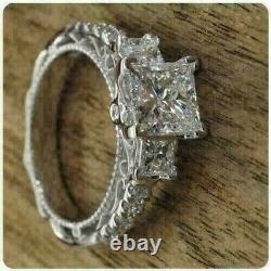 Real Moissanite 2.70Ct Princess Cut Three-Stone Ring White Gold Plated Silver