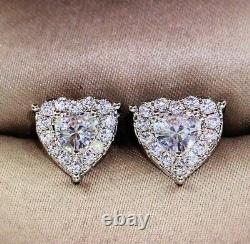 Real Moissanite 2Ct Heart Cut Cluster Stud Earrings 14K White Gold Silver Plated