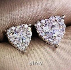 Real Moissanite 2Ct Heart Cut Cluster Stud Earrings 14K White Gold Silver Plated