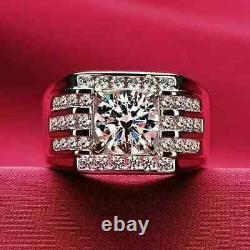Real Moissanite 2Ct Round Cut Men's Engagement Band Ring 14K White Gold Plated