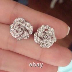 Real Moissanite 2Ct Round Cut Rose Flower Stud Earrings White Gold Plated Silver