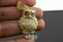 Real Moissanite 2Ct Round Owl Charm Men's Pendant 14K Yellow Gold Plated Silver