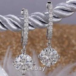 Real Moissanite 3CT Round Cut Women's Drop/Dangle Earrings 14k White Gold Plated