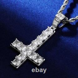Real Moissanite 3Ct Princess Cut Upside Down Cross Pendant White Gold Plated