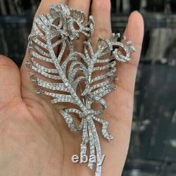 Real Moissanite 3Ct Round Cut Brilliant Feather Brooch Pin 14K White Gold Plated
