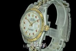 Rolex Men's Datejust Two-Tone 36mm MOP Ruby and Diamond Dial Gold Fluted Bezel