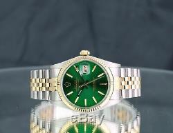 Rolex Watch Mens Datejust 16013 18k Gold and Steel 36mm Green Stick Dial