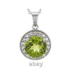 Round Cut Green Peridot 14K White Gold Plated Halo Pendant Necklace 18