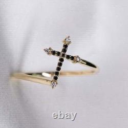 Round Cut Simulated Black Diamond Stunning Cross Ring In 14k Yellow Gold Plated