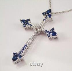 Round Cut Simulated Blue Sapphire Cross Pendant Chain In 14k White Gold Plated