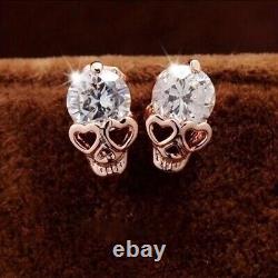 Round Cut Simulated Diamond Stunning Skull Stud Earrings In 14K Rose Gold Plated