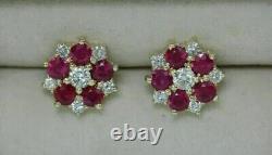 Round Cut Simulated Ruby Beautiful Flower Stud Earrings 14K Yellow Gold Plated