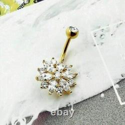 Round Simulated Diamond Women's Flower Fancy Belly Ring 14K Yellow Gold Plated