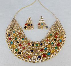 SOUTH INDIAN JEWELRY SET GOLD PLATED BRIDAL KUNDAN MEENA NECKLACE EARRINGS jm35