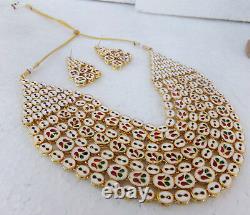 SOUTH INDIAN JEWELRY SET GOLD PLATED BRIDAL KUNDAN MEENA NECKLACE EARRINGS jm35